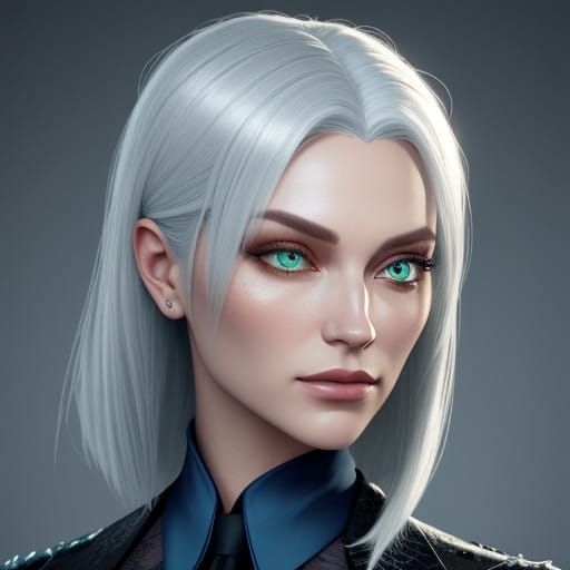 portrait of a woman with silver hair, green eyes, wearing a ...