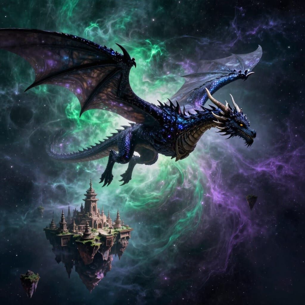 Obsidian Dragon Over Ancient Cosmic City