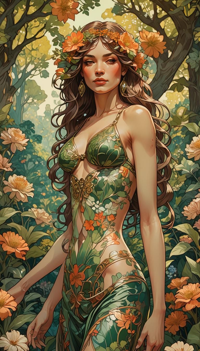 Woman in Floral Garden: An Art Nouveau Portrait