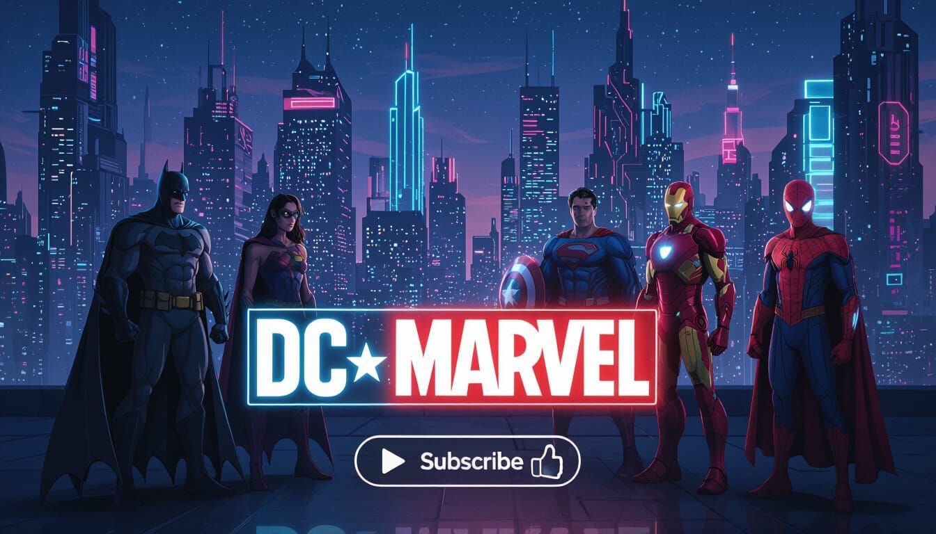 Neon Cyberpunk Cityscape with DC & Marvel Heroes