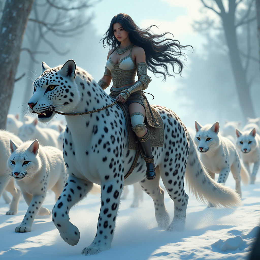 Guardian Riding Snow Leopard in Fantasy Battle