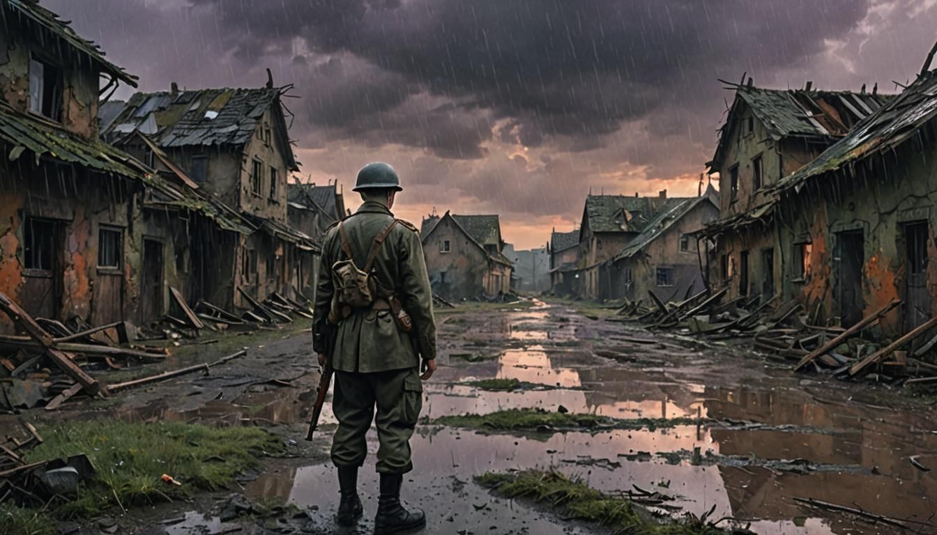 German Soldier in War-Torn Village, Matte Painting