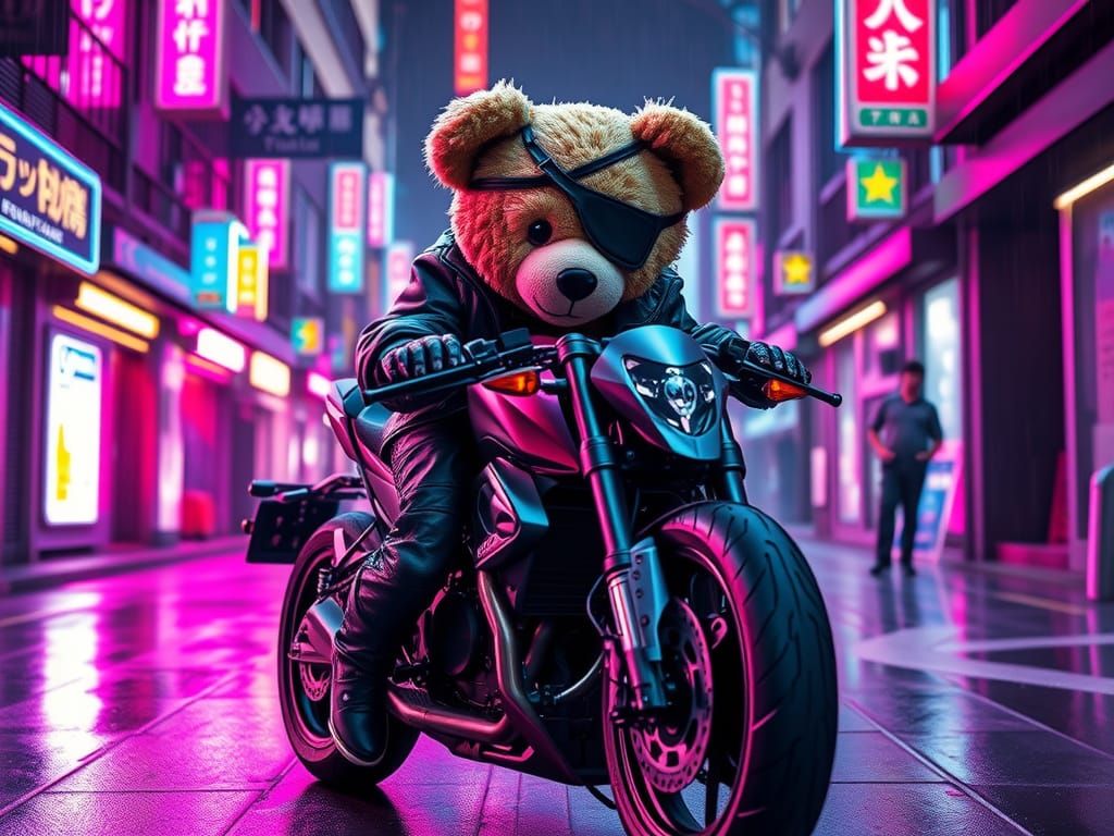 Cyberpunk Teddy Bear Rides Superbike in Tokyo