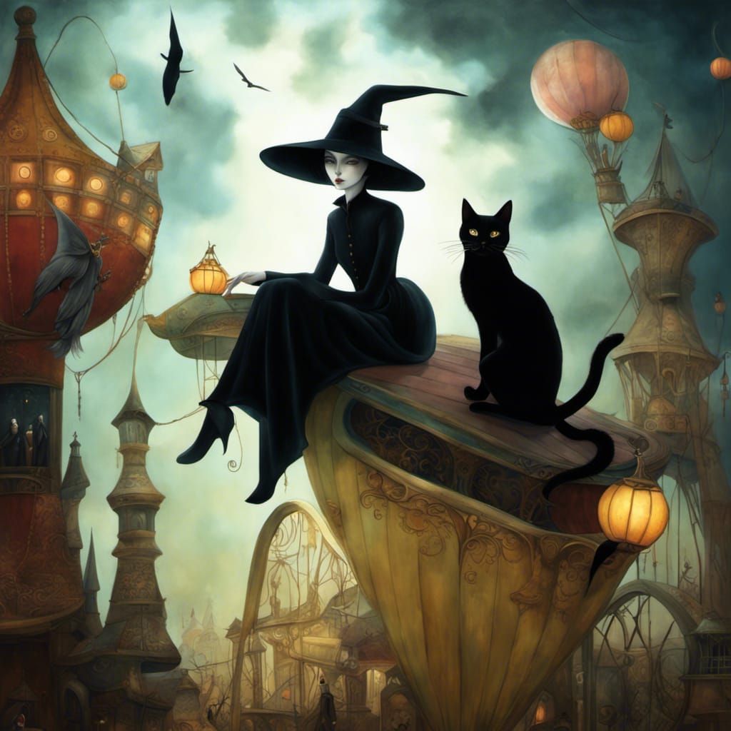 Witch and Cat in Abandoned Carnival Dream