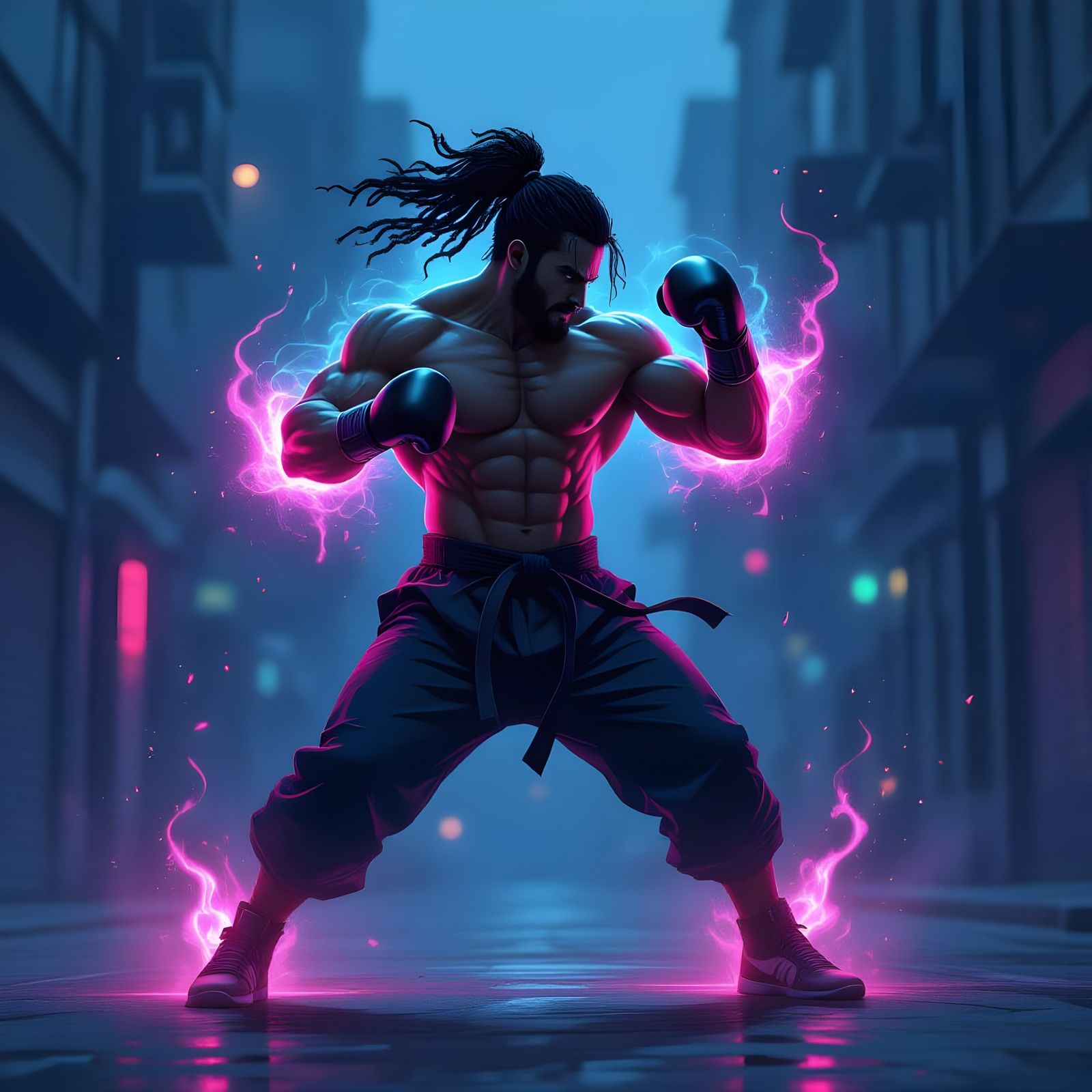 Muscular Figure Shadow Boxing with Glowing Aura