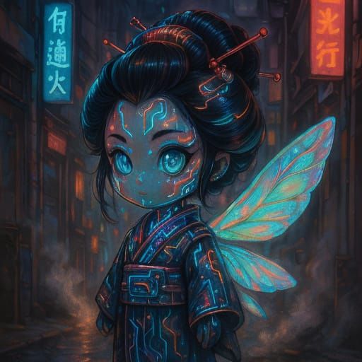 Cyberpunk Geisha in Ghibli Style Alleyway