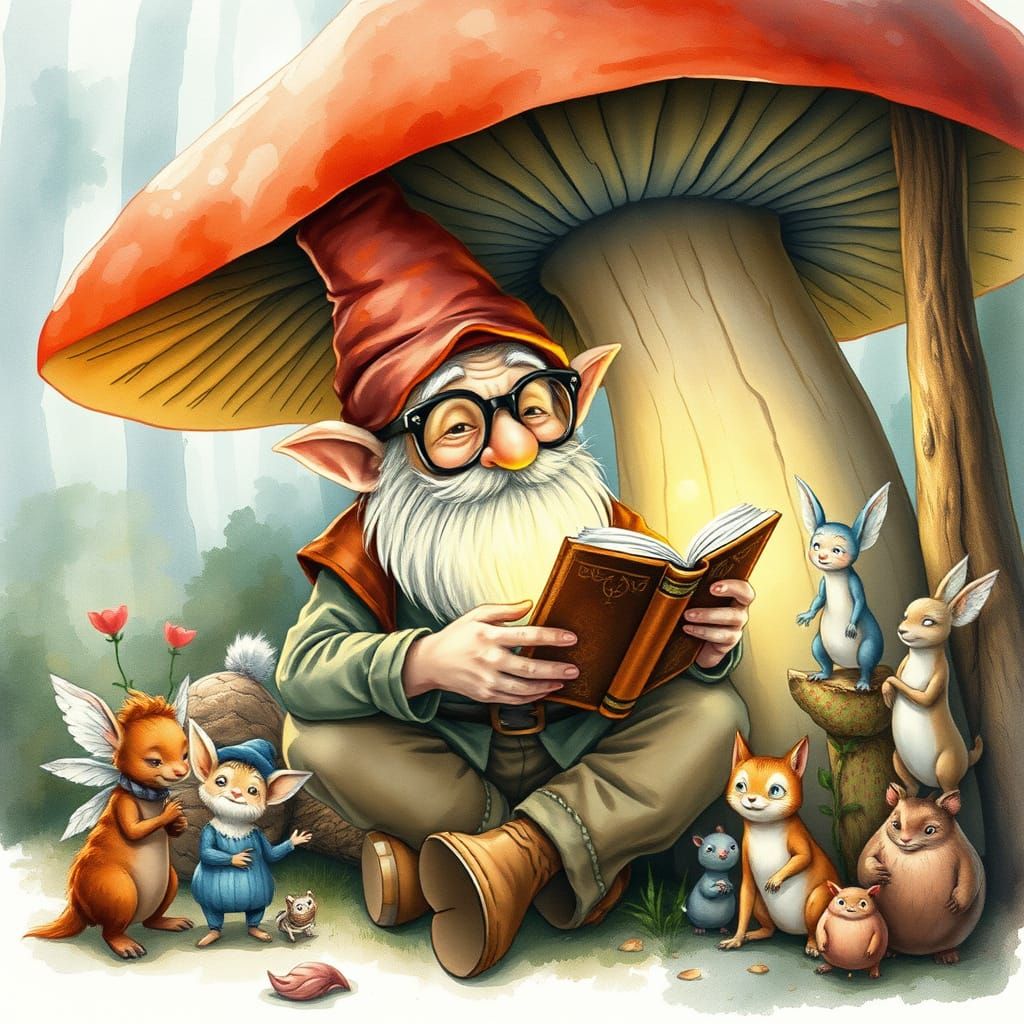 Whimsical Gnome Reading Book in Enchanted Forest