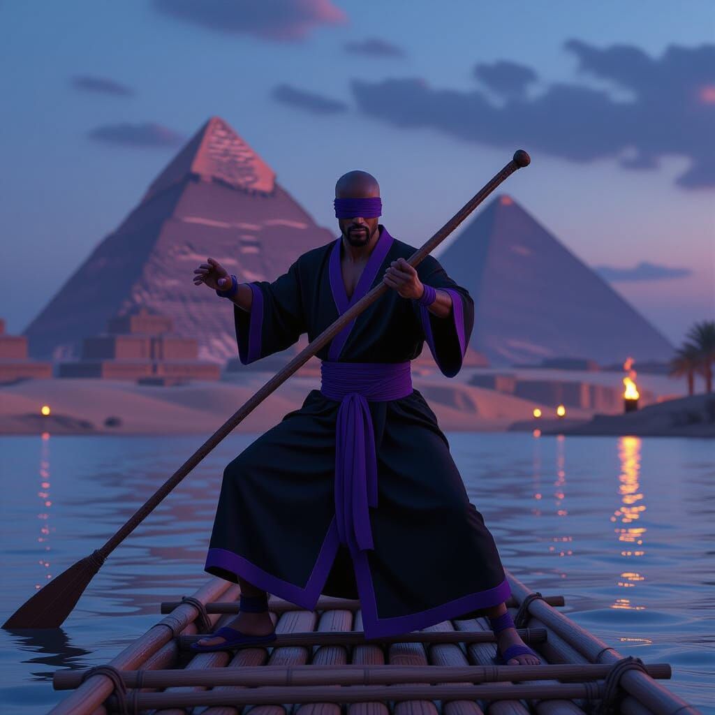 Blindfolded Warrior Practices Staff on Raft by Pyramids