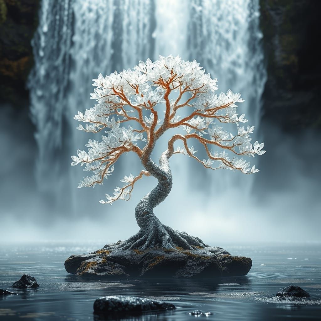 Crystal Bonsai Tree in Ethereal Waterfall Scene
