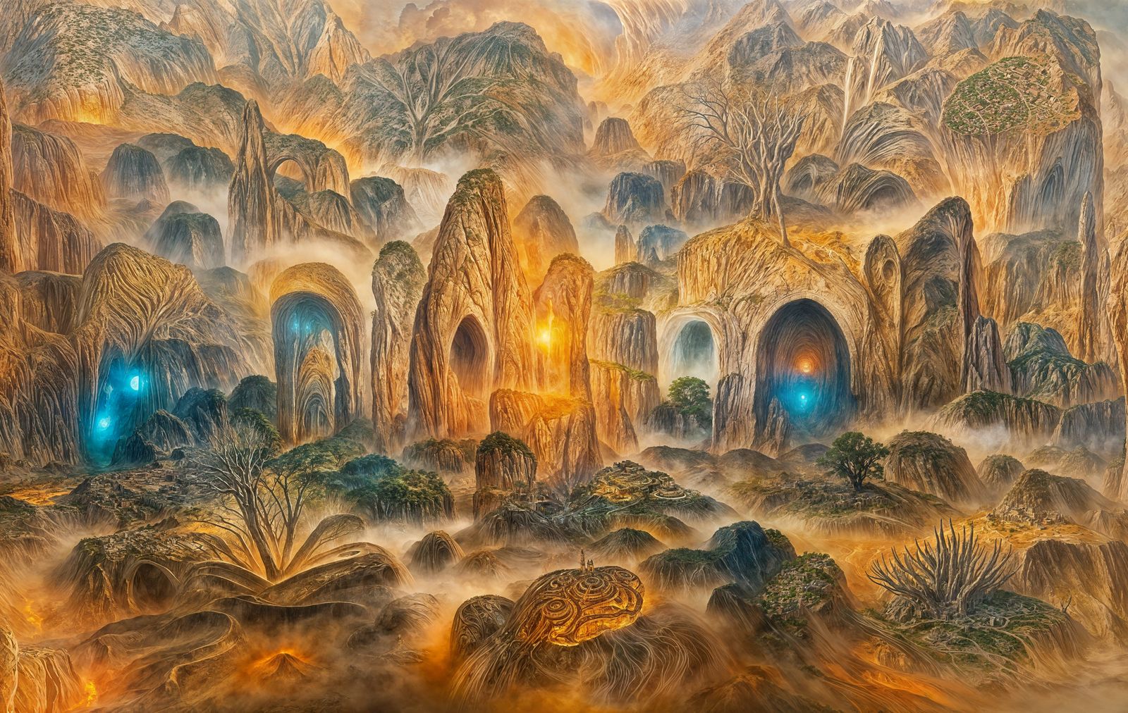 Mayan Arcology in Desert Gulch: Illuminated Painting