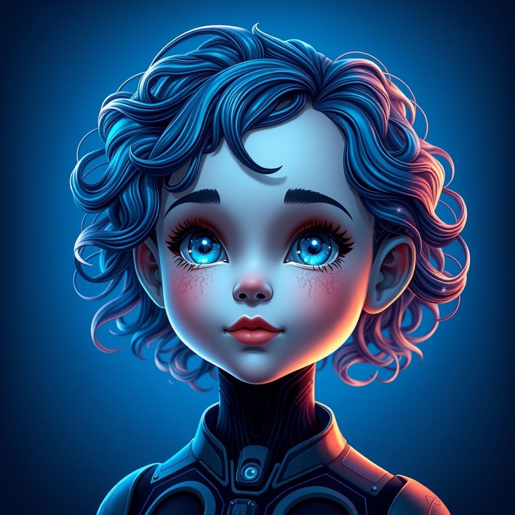 Futuristic AI Mascot with Swirling Circuitry Hair