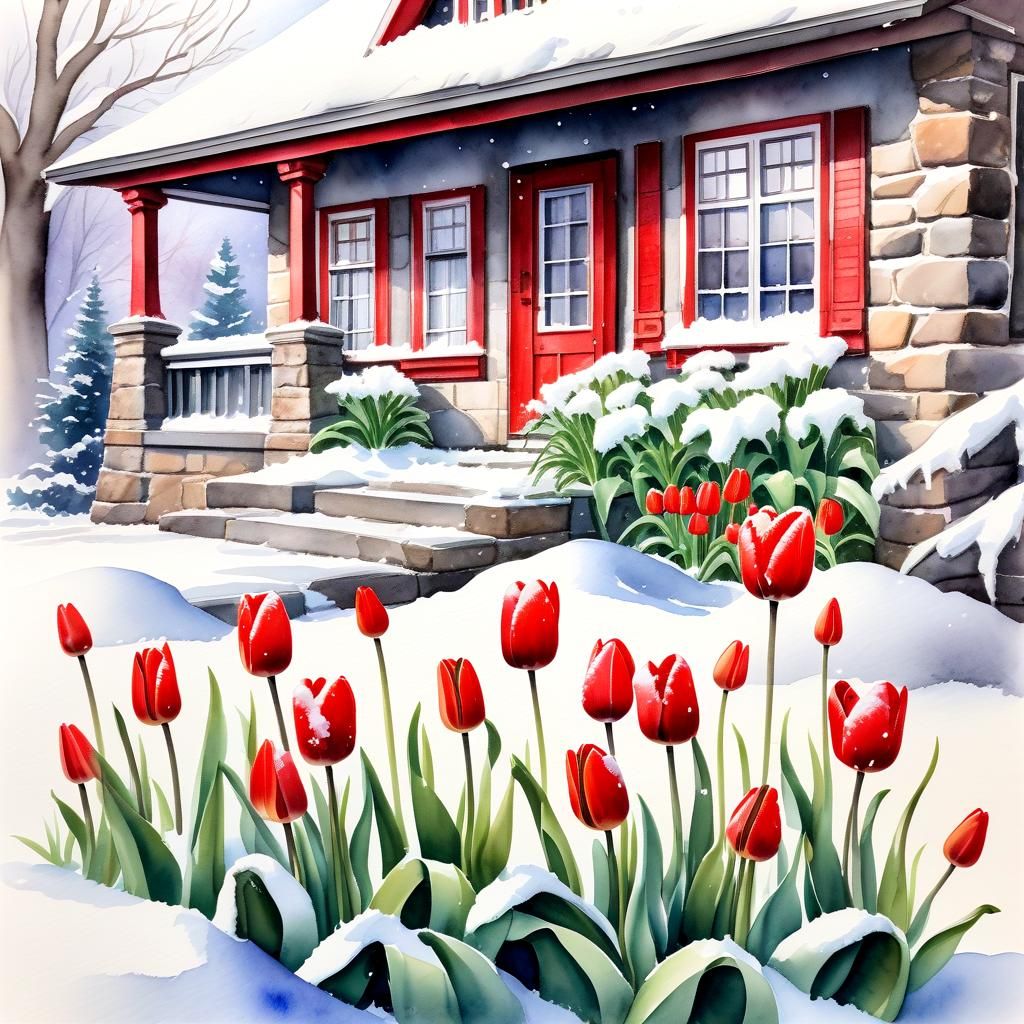 Red Tulips Bloom in Snowy Watercolor Landscape