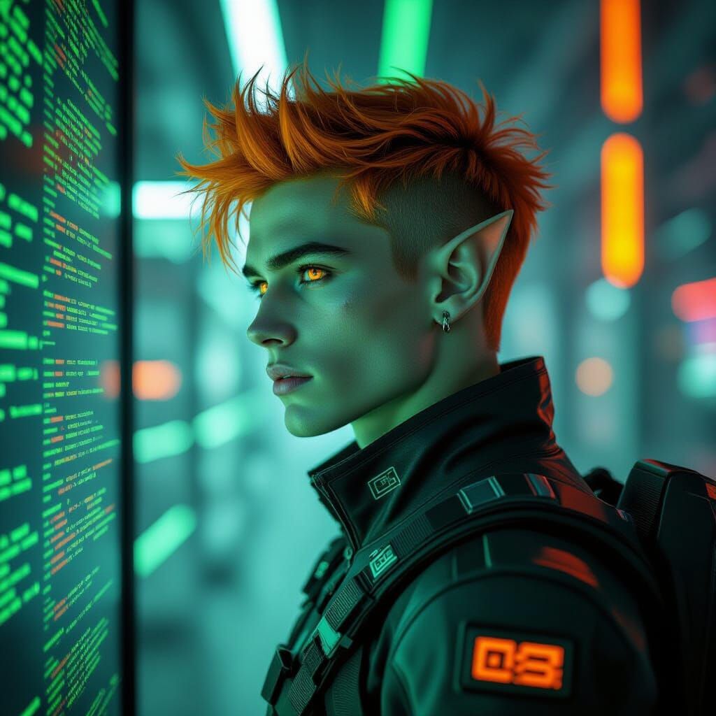 Elf Hacker in Cyberpunk Data Center as Digital Oil Painting