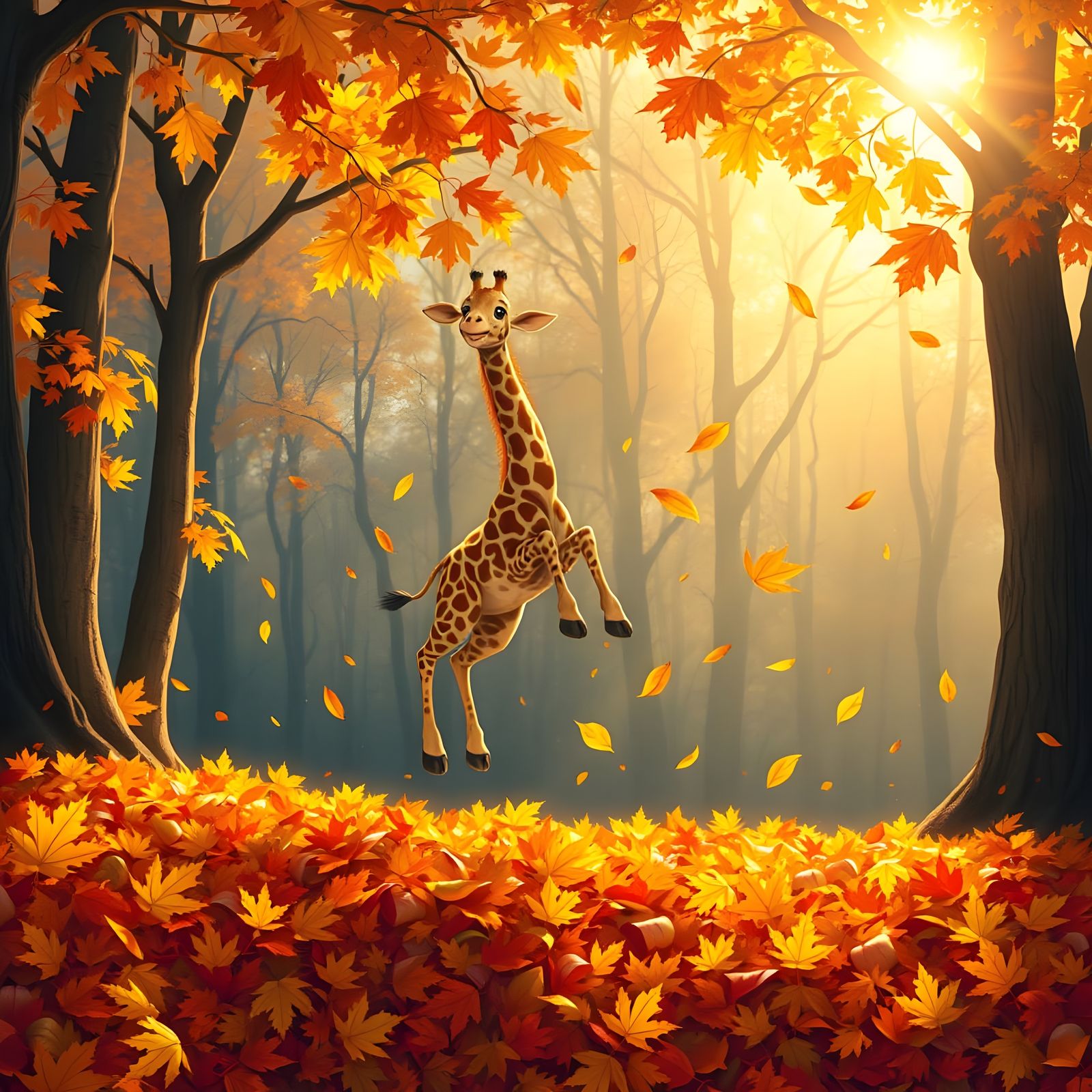 Baby Giraffe Jumps into Autumn Leaves in Forest Clearing