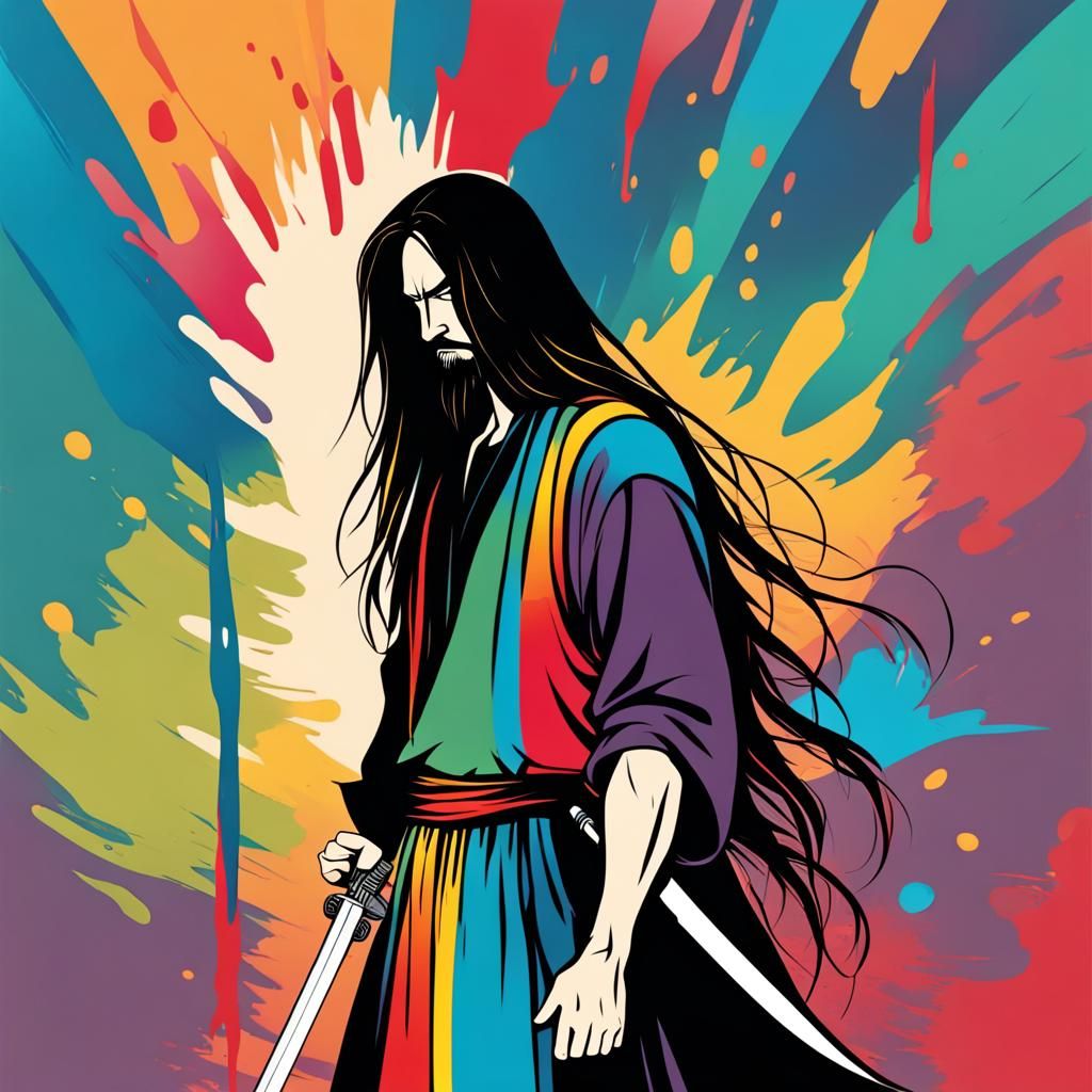 Faceless Swordsman with Colorful Comic Background