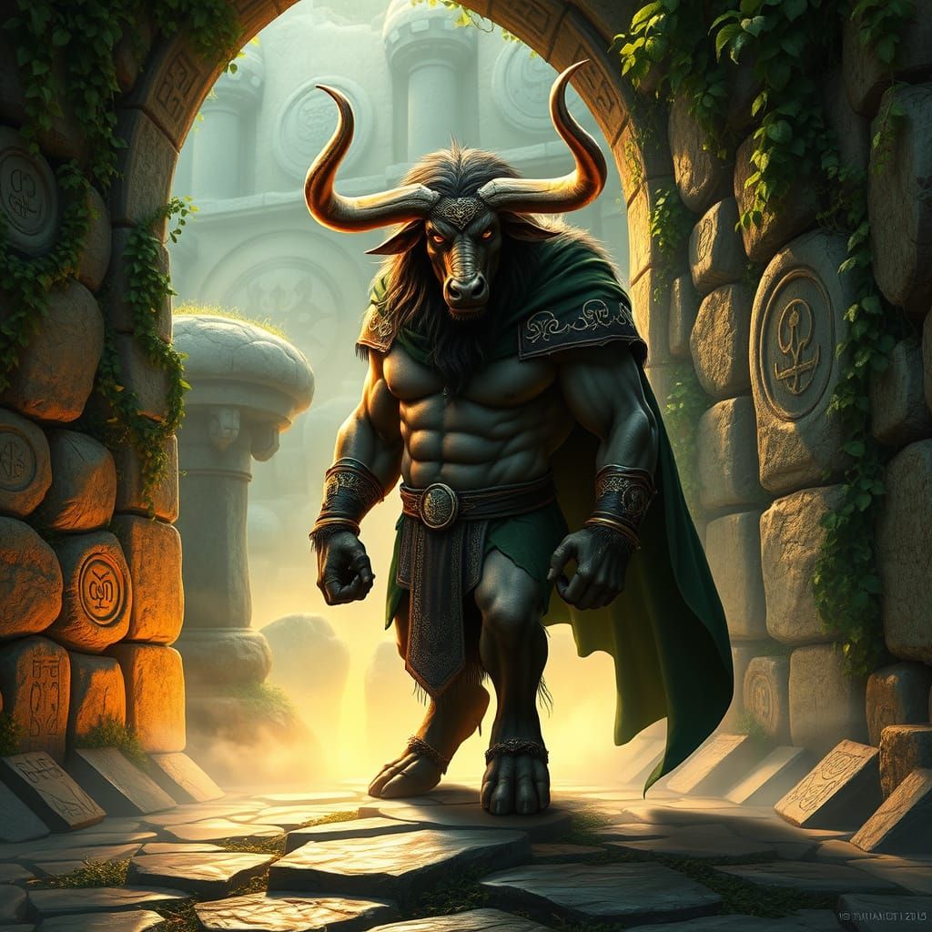 Majestic Minotaur Guards Ancient Stone Maze