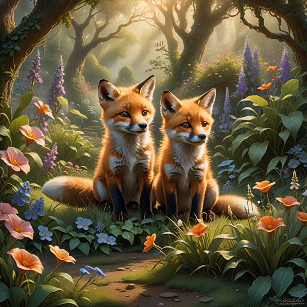 Enchanted Fox Pups Play in a Magical Garden