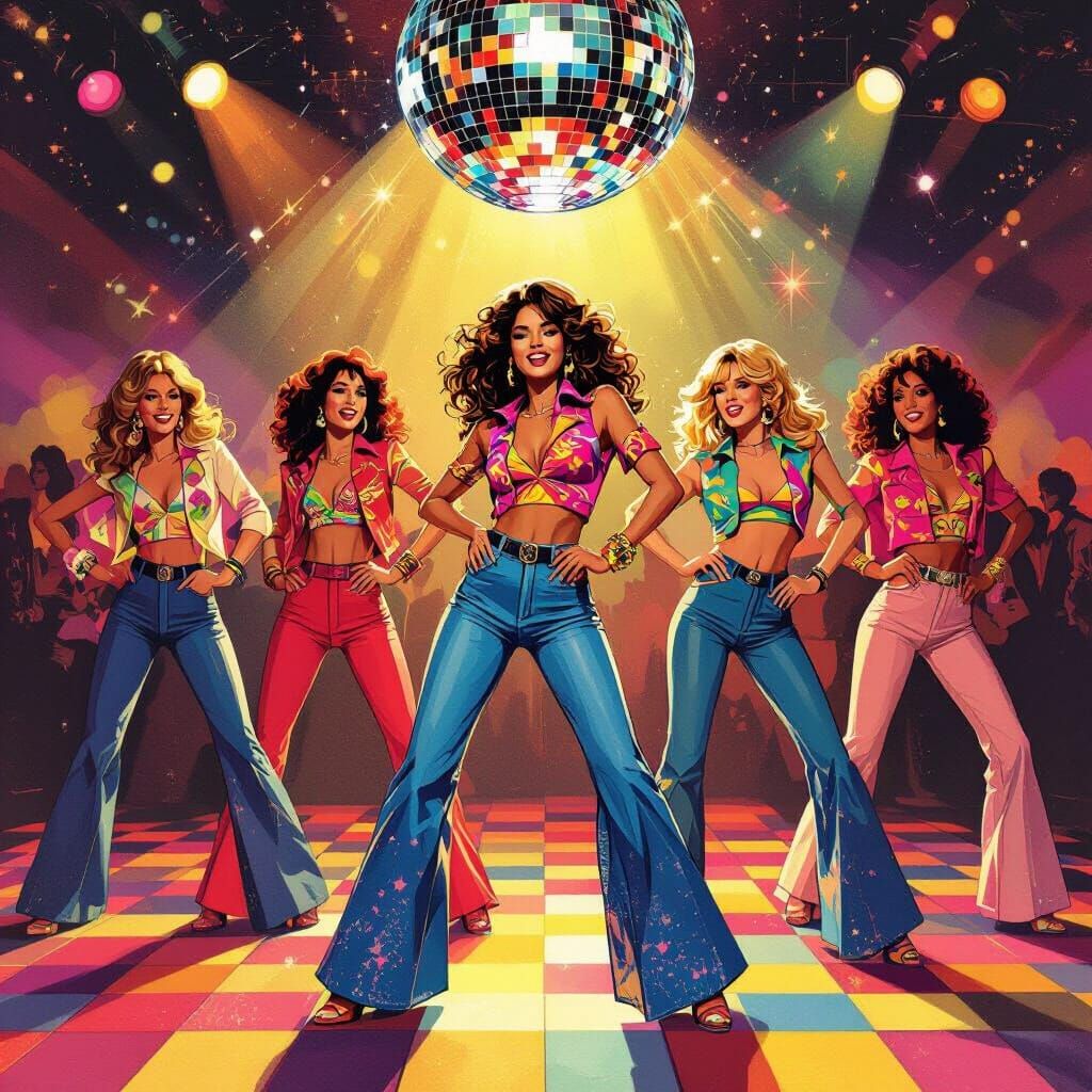 Women Dancing in Bell Bottoms on Disco Floor
