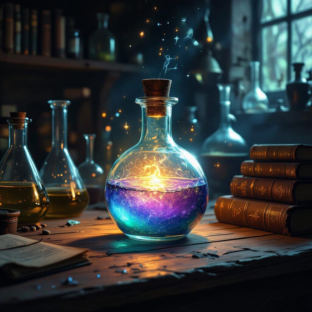 Iridescent Potion in Dimly Lit Alchemist's Lab