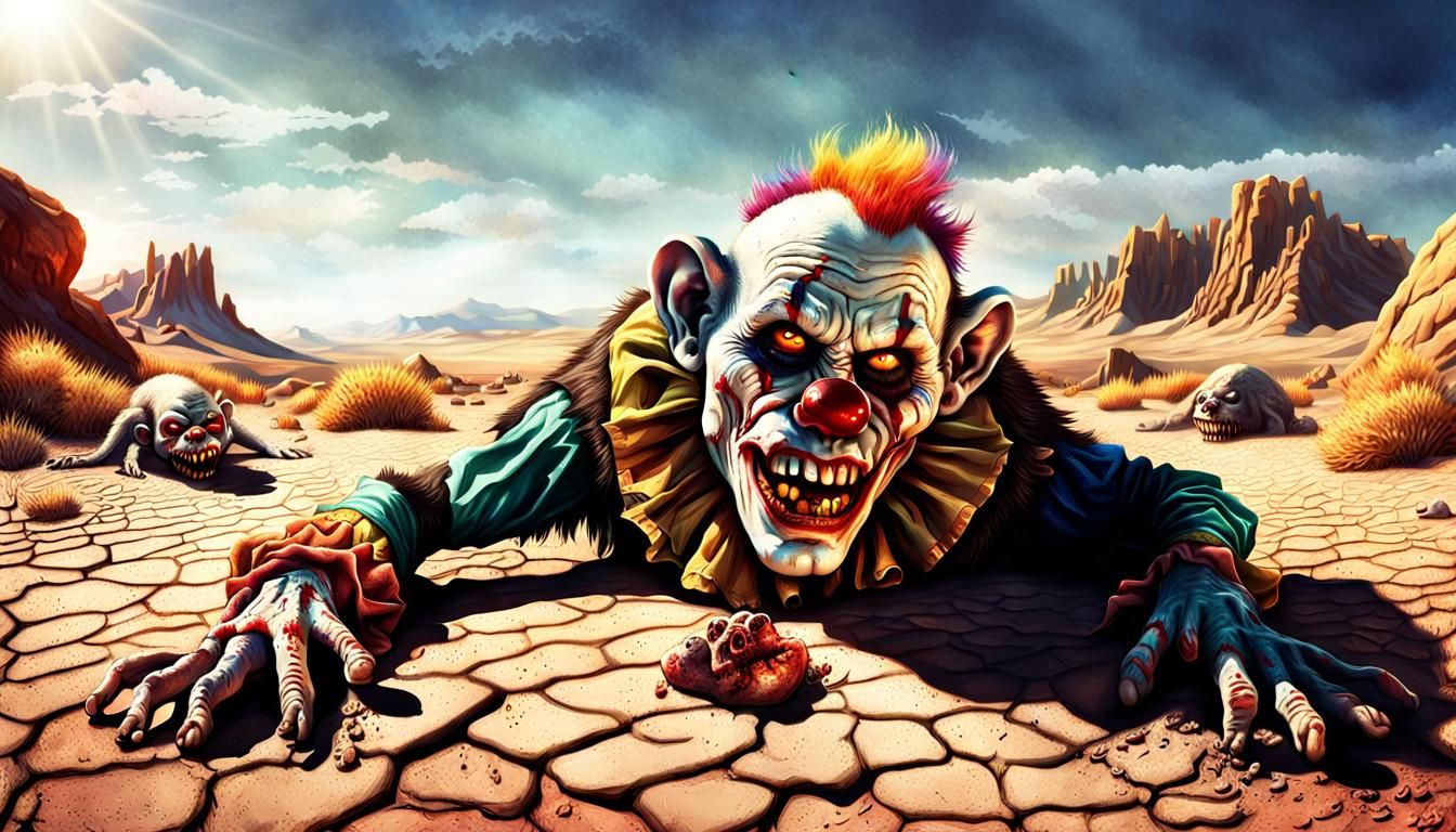 Zombie Monkey Clown in Desert: Surreal Horror