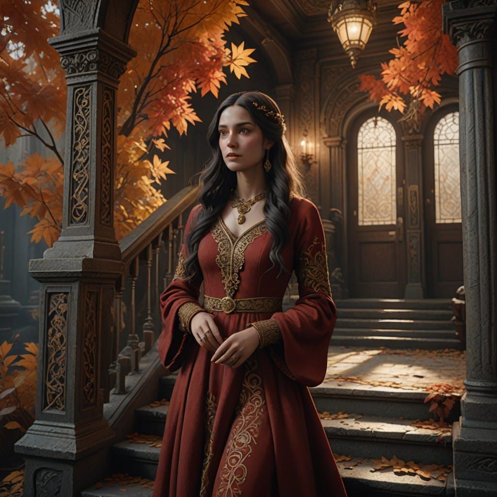 Ethereal Beauty Ascends Golden Staircase in Rich, Autumnal H...