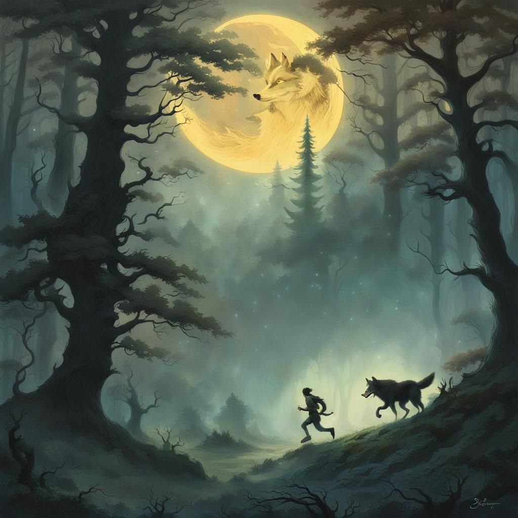 Ethereal Wolf and Human Chase in Misty Forest