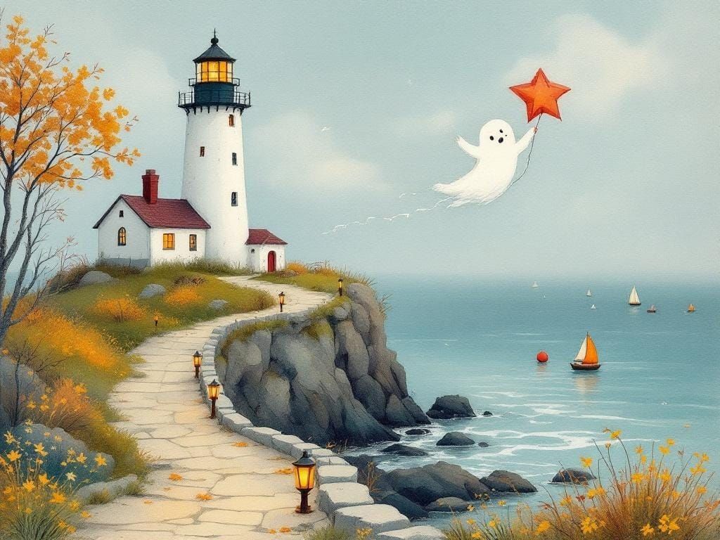 Whimsical Seaside Lighthouse with Flying Ghost, in Gouache