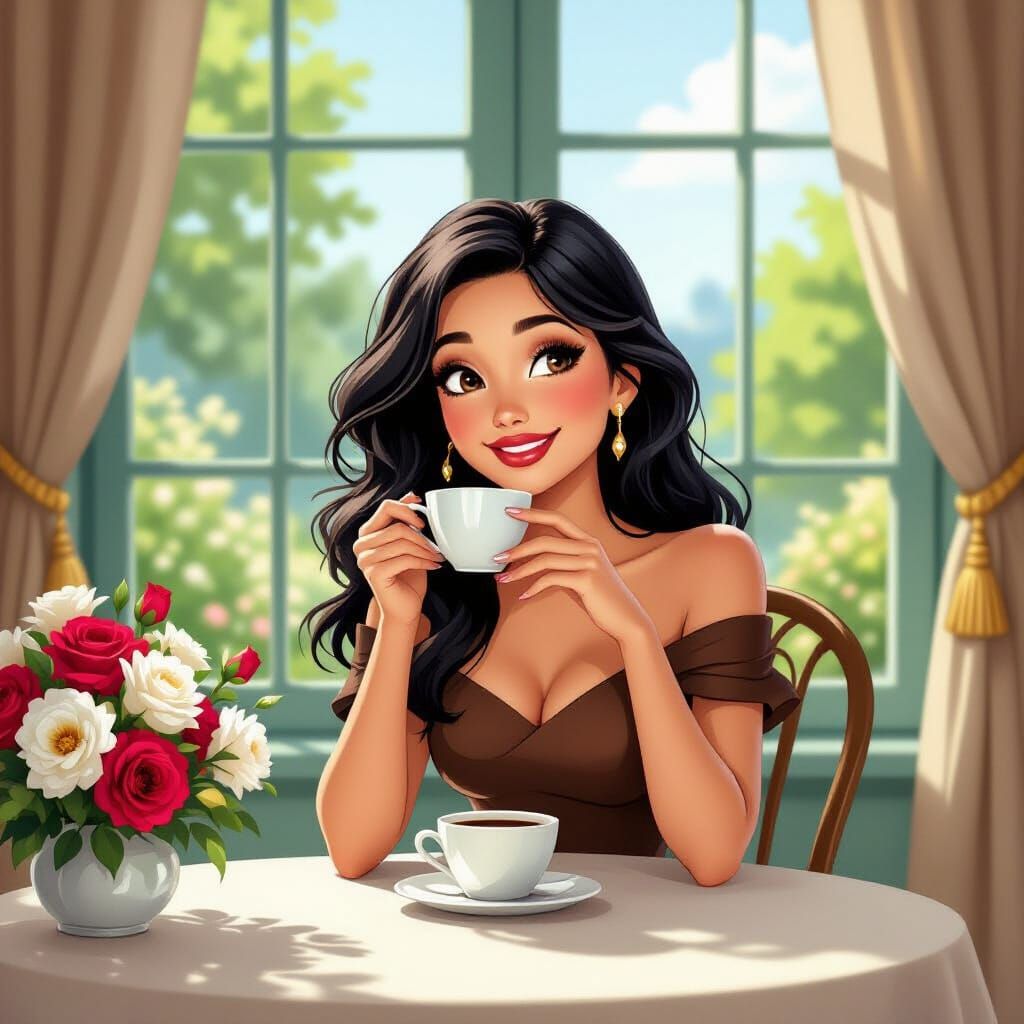 Woman Enjoying Coffee in Vintage Disney Cartoon Style