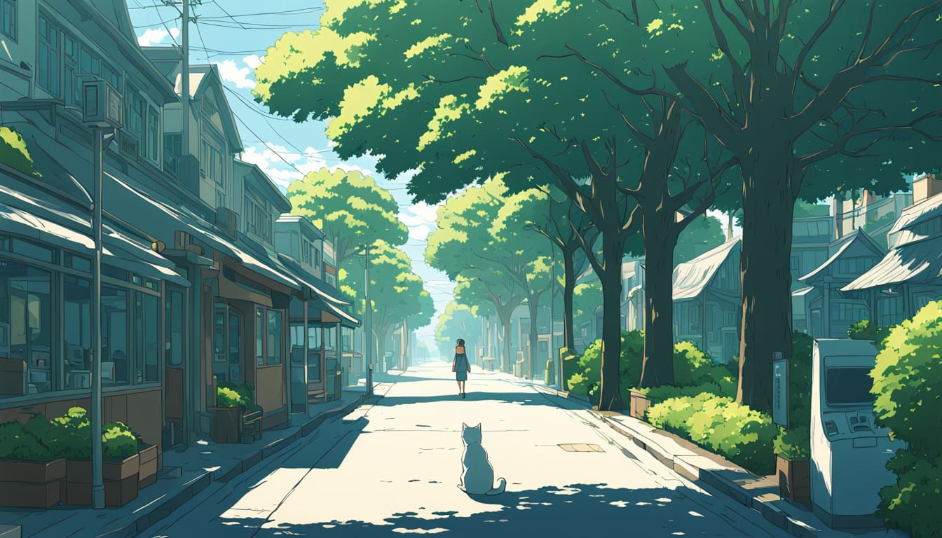 Peaceful Anime Morning Street Scene with Young Woman and Caf...