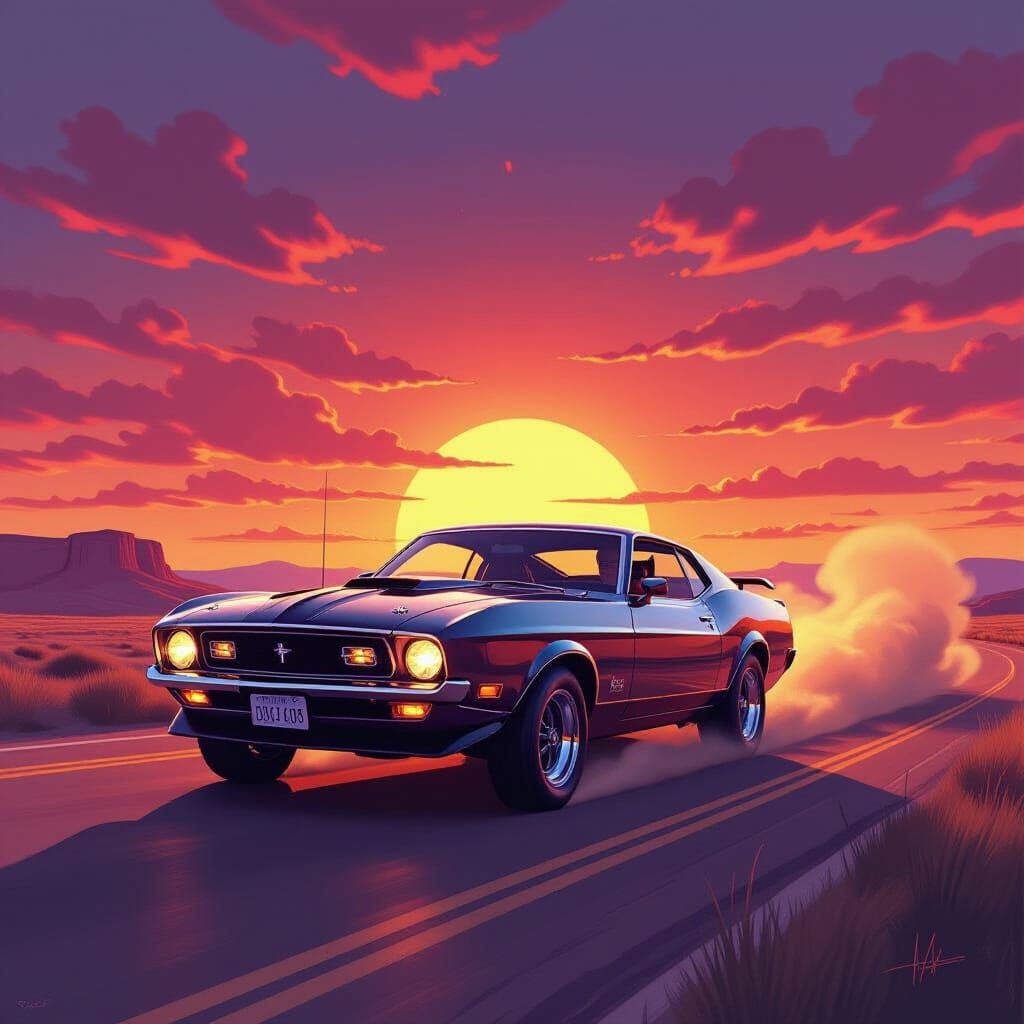 1971 Mustang Mach 1 Speeds Down Route 66 at Sunset