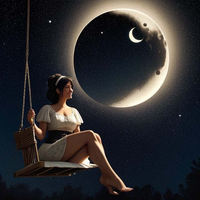 Woman on Moon Swing in Starry Night Sky