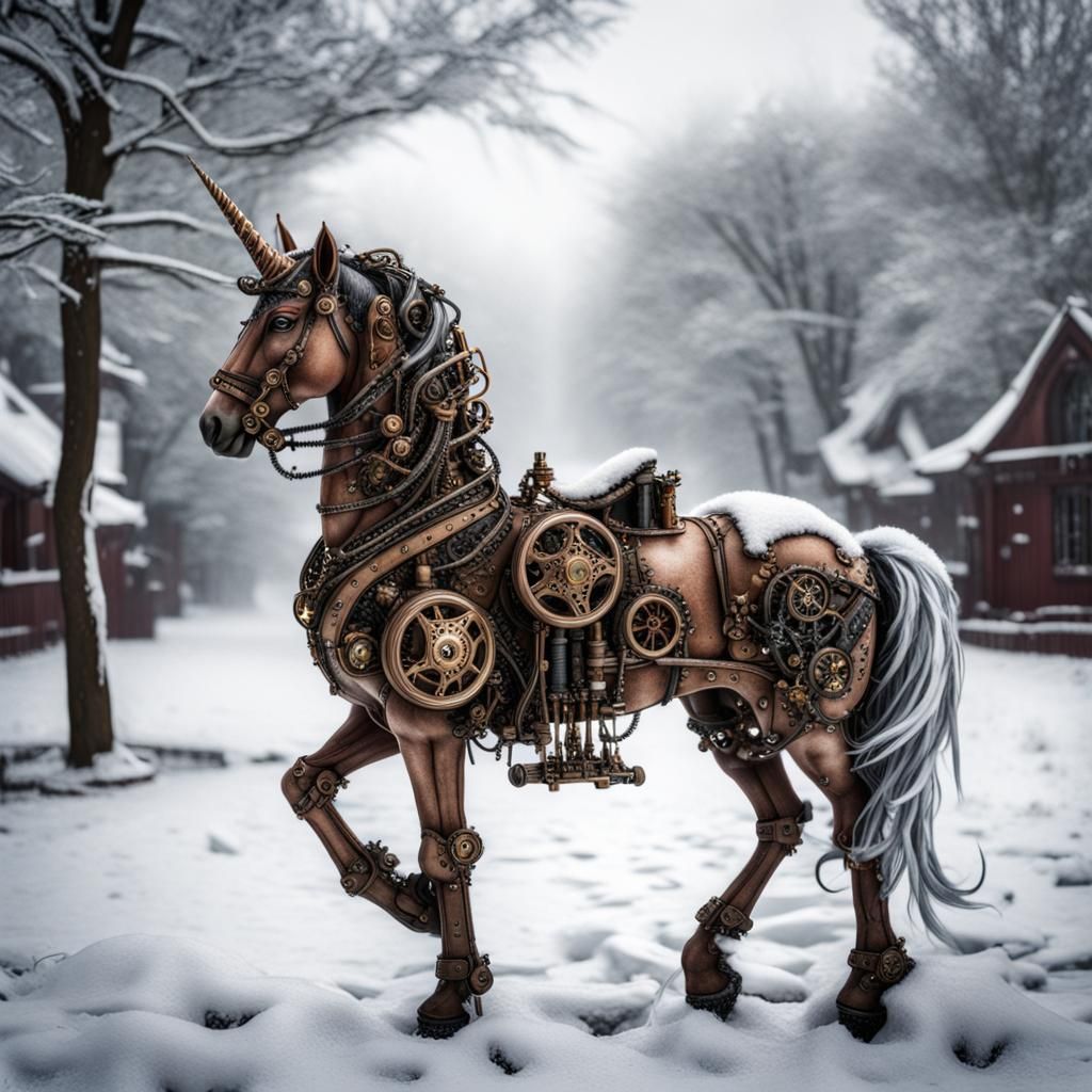 Steampunk Unicorn in Winter Wonderland: Hyperrealistic Detai...
