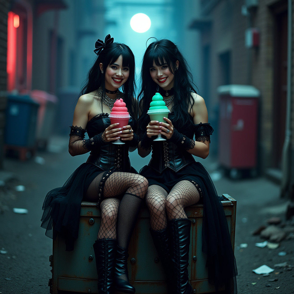 Goth Girls with Slushies in Dark Alleyway
