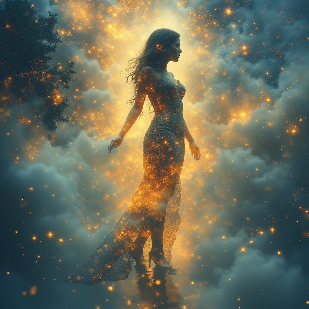 Dreamlike Female Silhouette Emerges from Luminous Mist