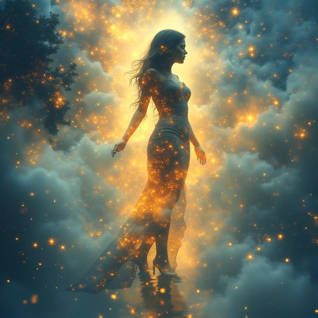 Dreamlike Female Silhouette Emerges from Luminous Mist
