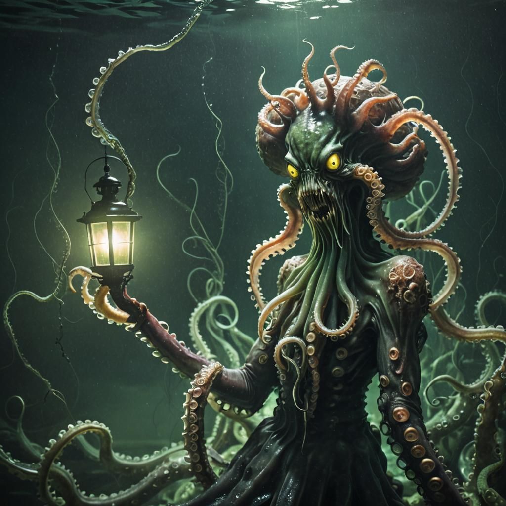 Surreal Octopus with Bioluminescent Tentacles in Dark Waters