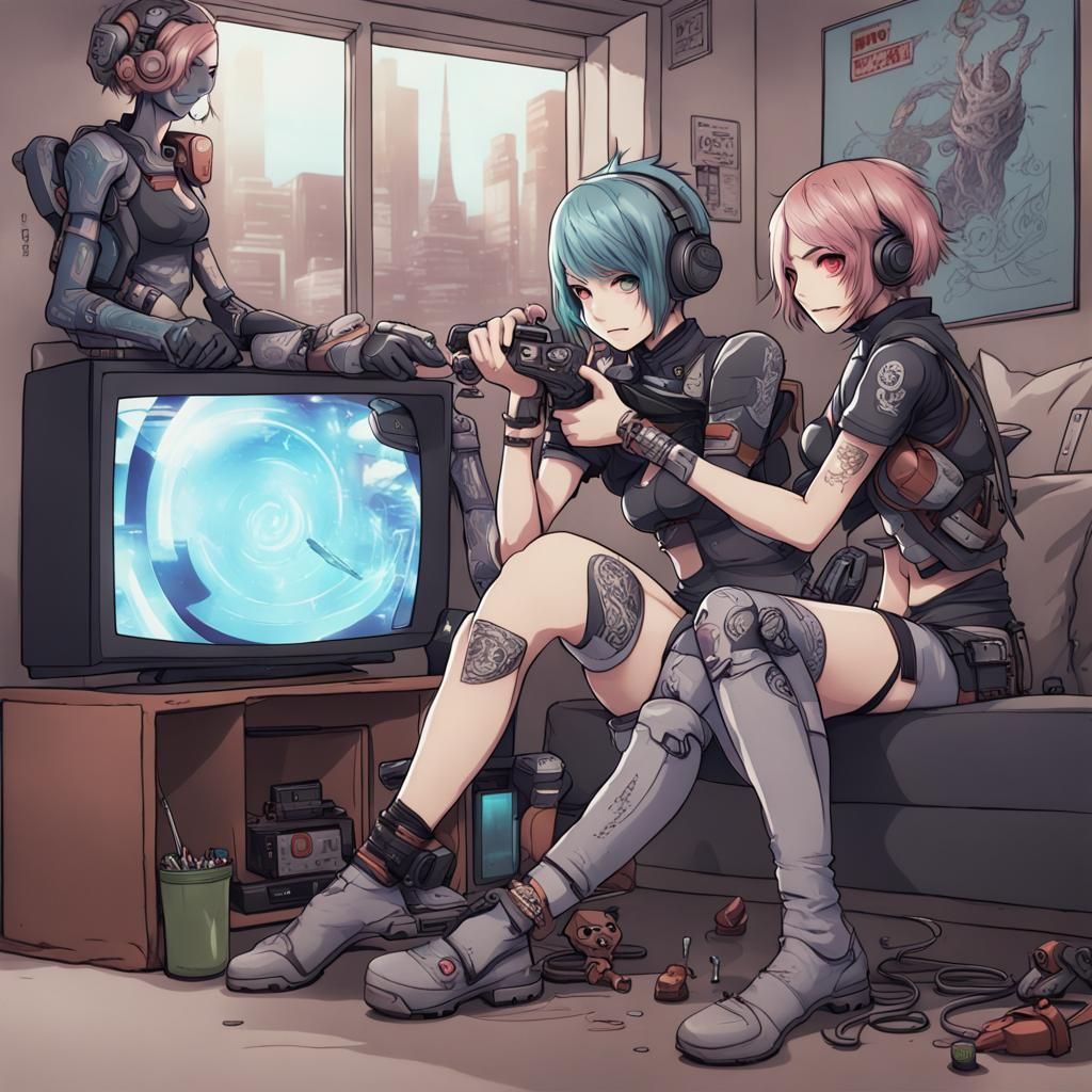 Anime Style: Lesbian Cyborgs Playing Video Games