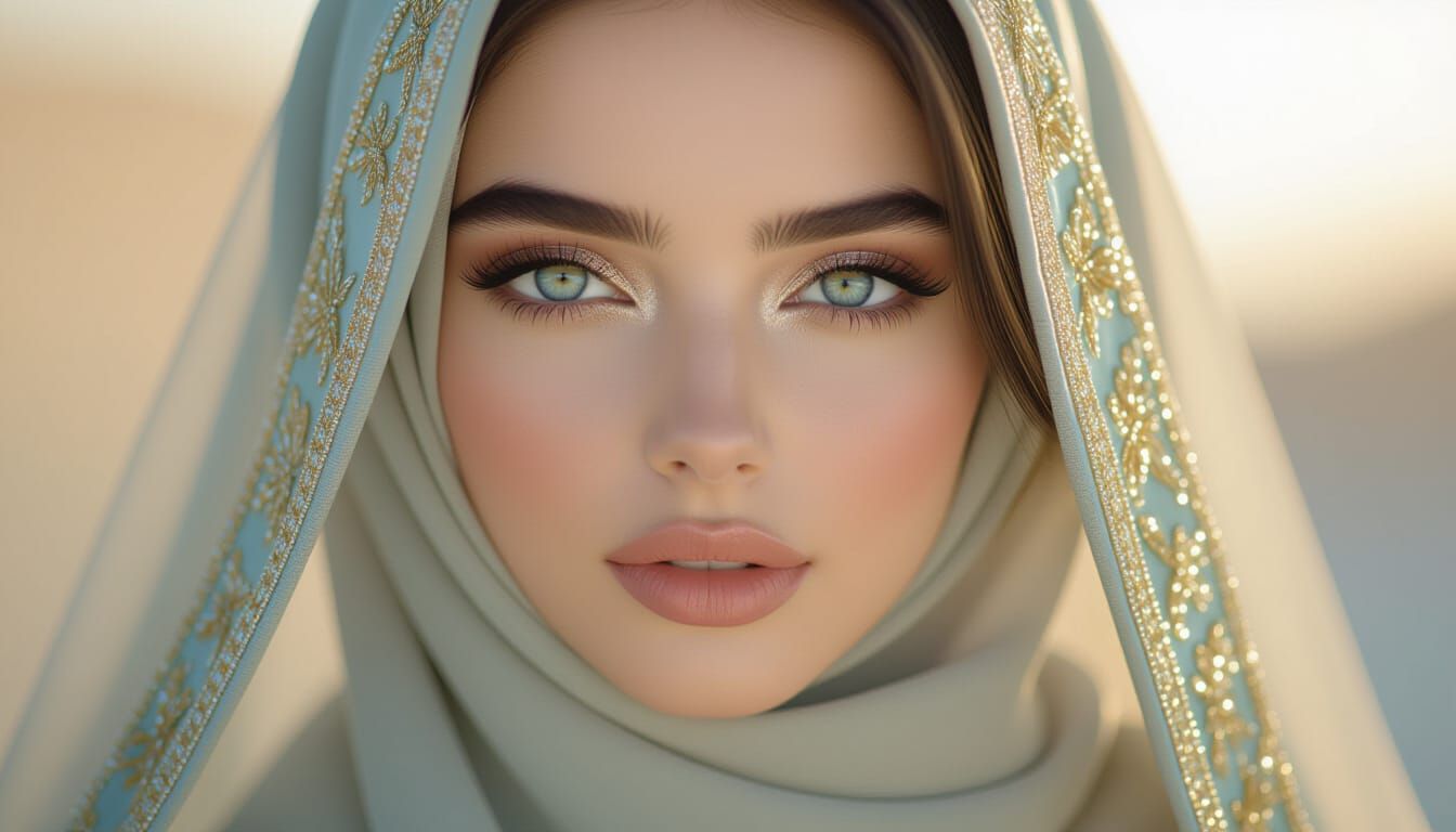 Ethereal Beauty: Young Woman in Hijab with Golden Embroidery