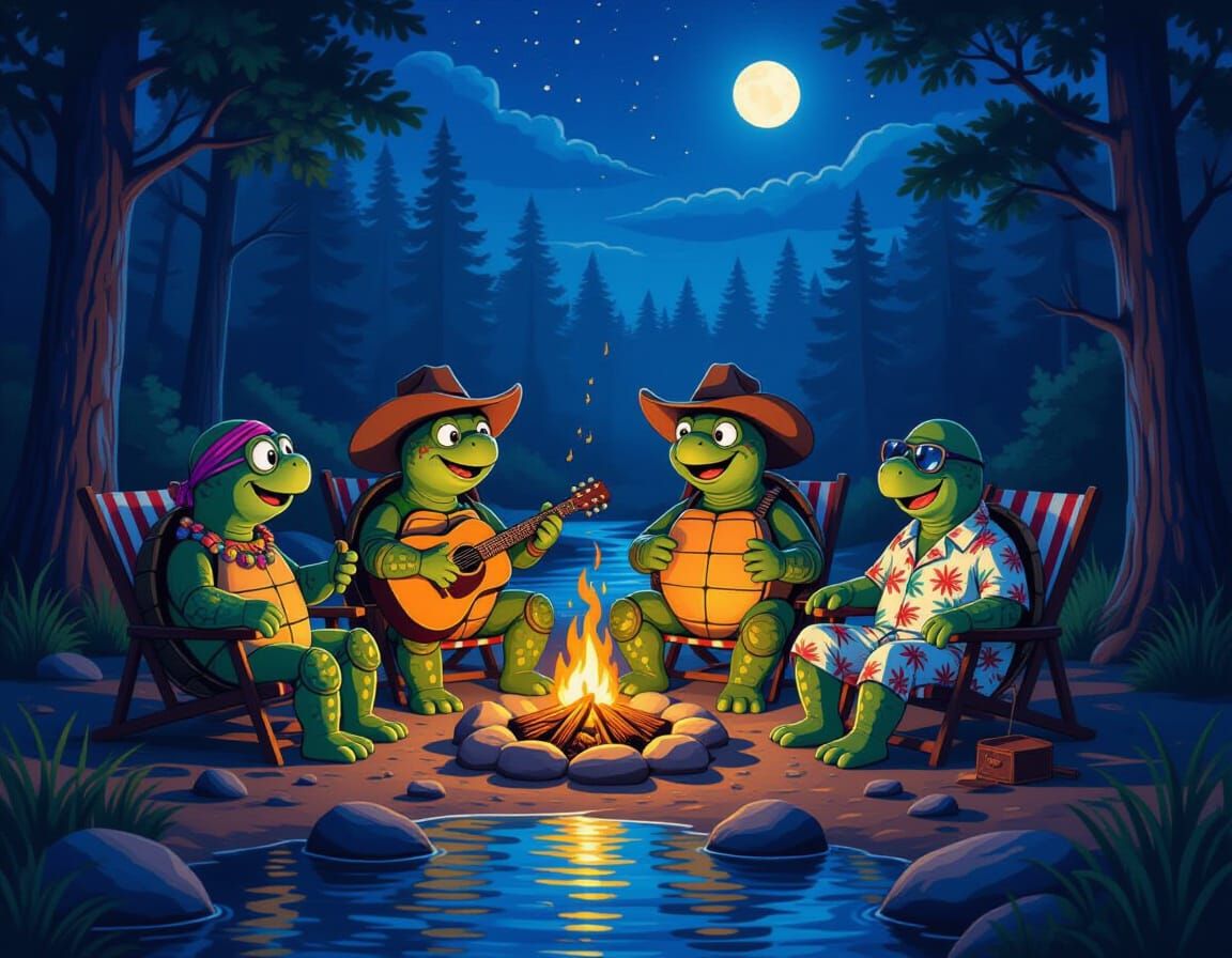 Turtles' Creekside Jam Session: A Neo-Impressionist Oil Pain...