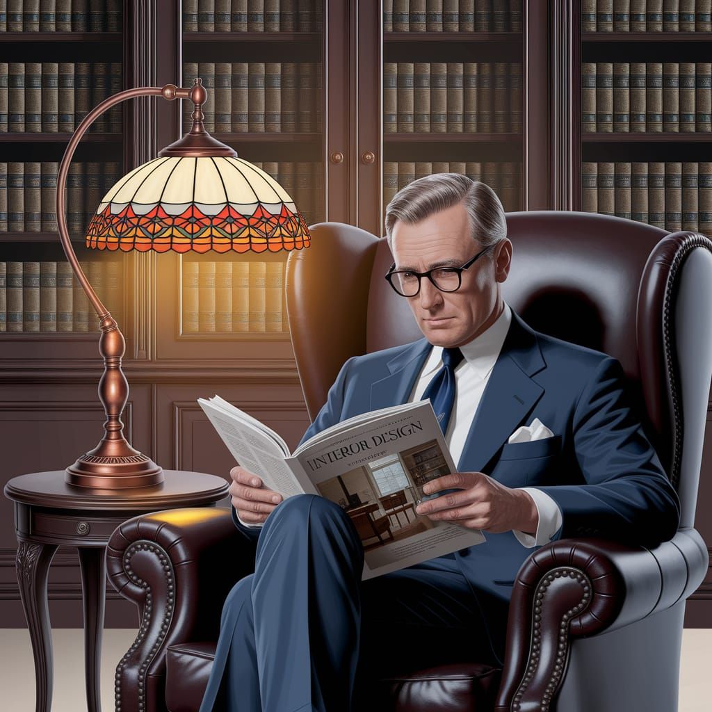Gentleman Reading in Cozy Library, Digital Art