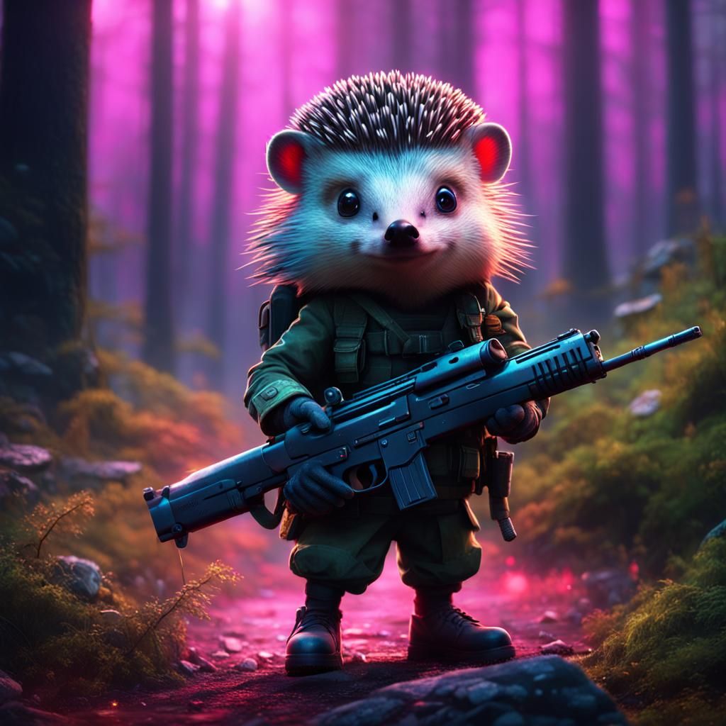 Armed Hedgehog Soldier in Cyberpunk Forest