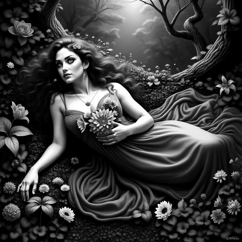 Woman in Enchanted Forest, Hyperdetailed Charcoal Drawing