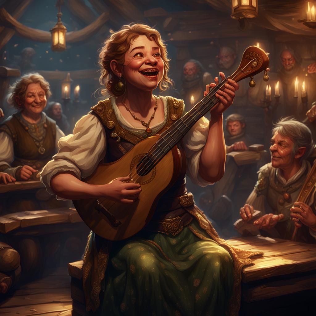 Halfling Bard Performance in Dark Fantasy Style