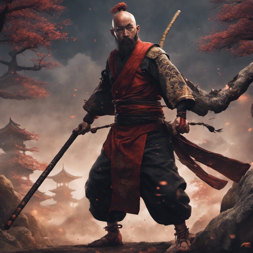 Japanese Ninja Monk Warrior with Bo Staff