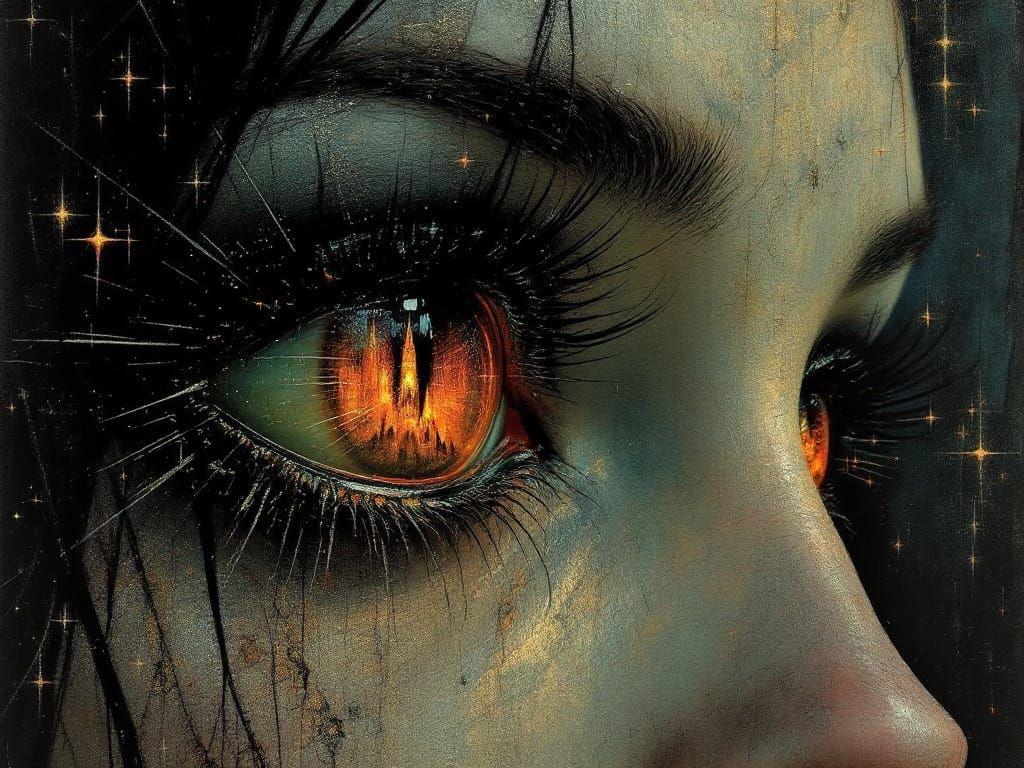 Enchanted Noble Portrait with Burning Cathedral Reflection