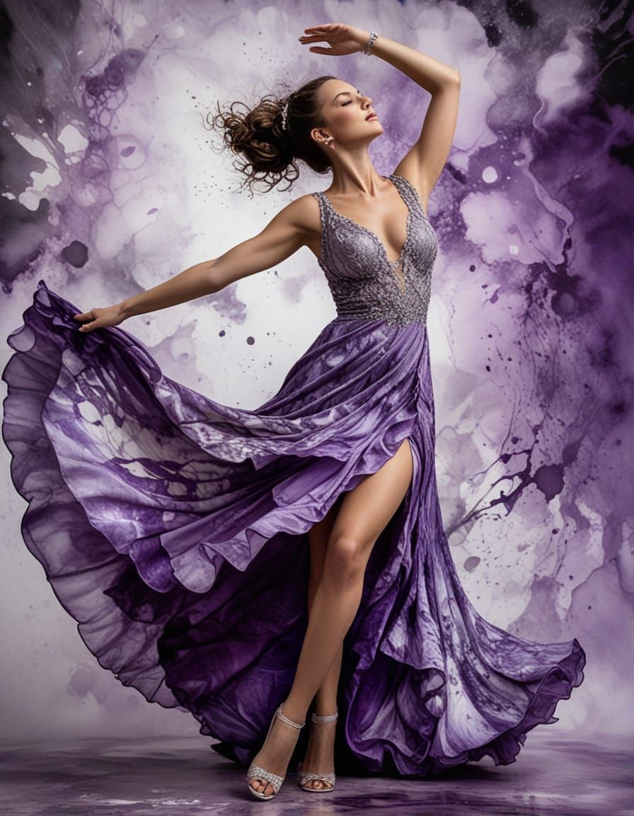 Woman Dancing in Flouncy Amethyst Lace Dress