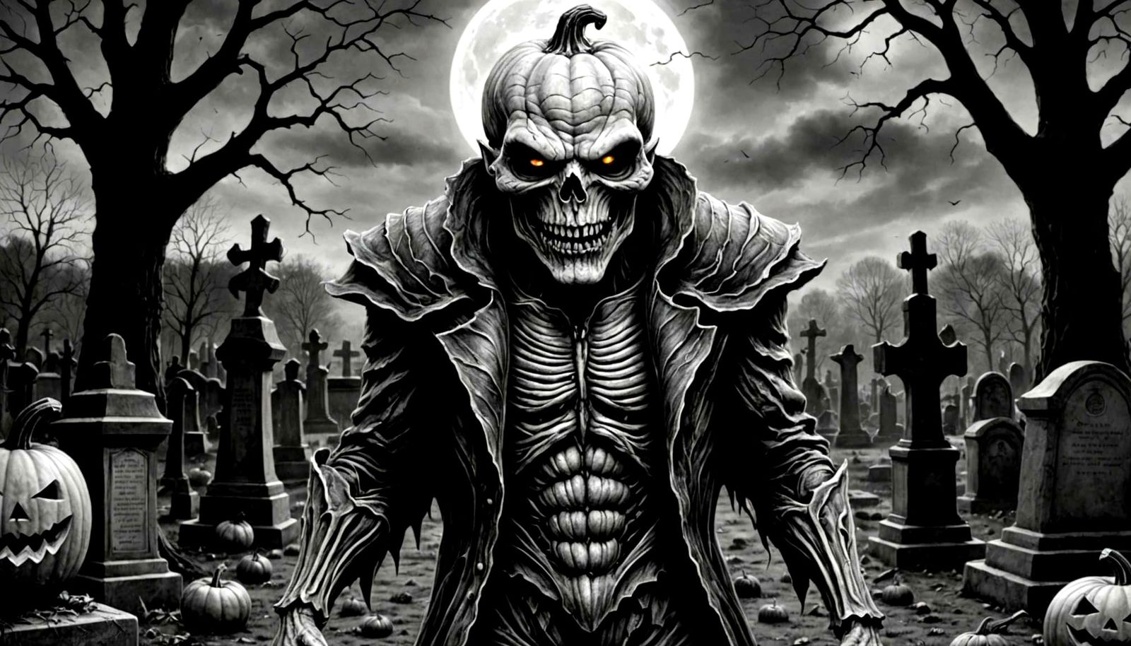 Hyperrealistic Charcoal Drawing of Pumpkinhead in Graveyard