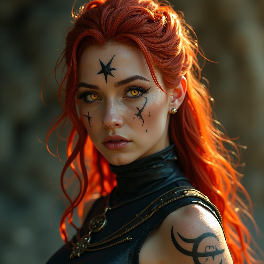 Red-Haired Woman with Yellow Eyes: Hyperrealistic Portrait