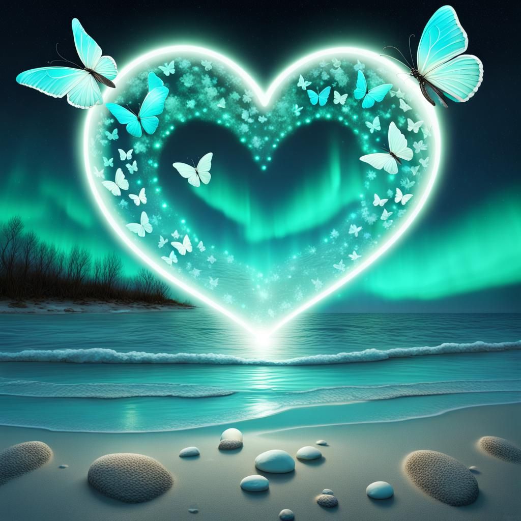 Turquoise Butterflies and Aurora Heart on Beach