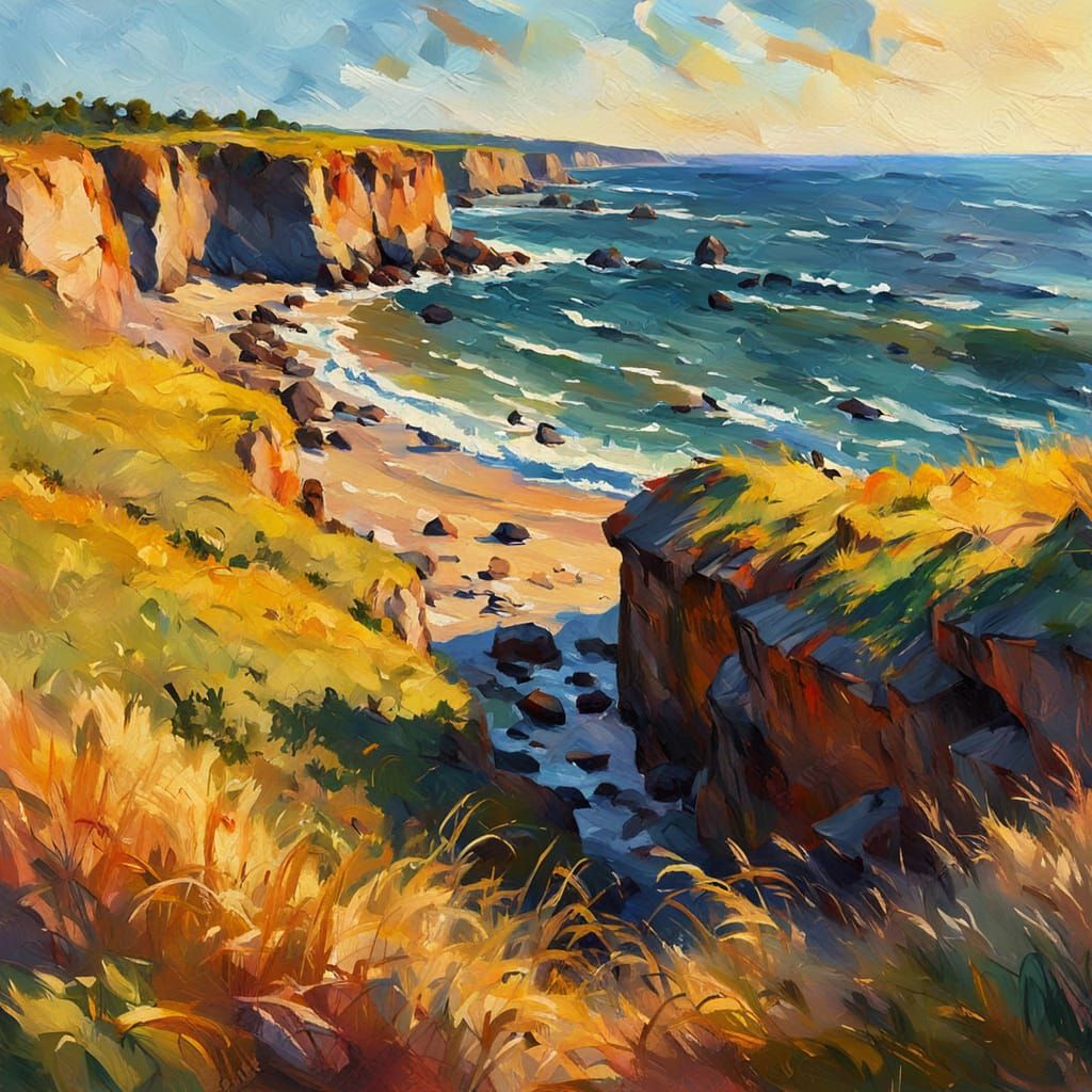 Impressionist Cliff Edge Gouache Painting at Sunset